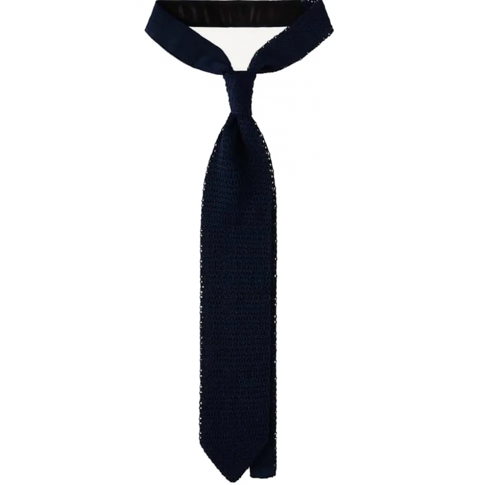 Viola Milano - Knitted Solid V-End Silk Tie - Navy - Handmade in Italy - Luxury Exclusive Collection - Avvenice