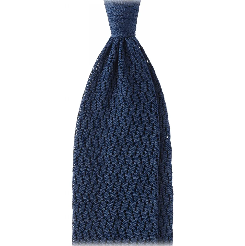Viola Milano - Knitted Zig Zag Pattern Silk Tie - Blue - Handmade in Italy - Luxury Exclusive Collection - Avvenice