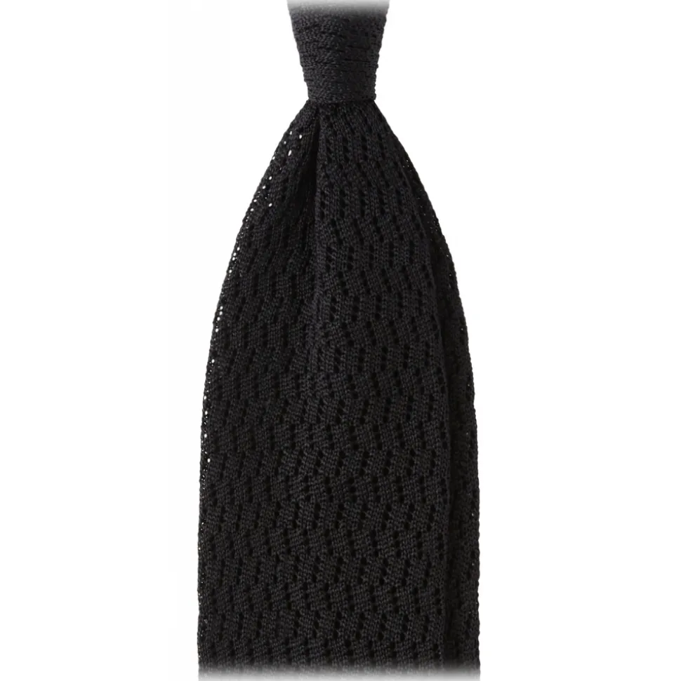 Viola Milano - Knitted Zig Zag Pattern Silk Tie - Black - Handmade in Italy - Luxury Exclusive Collection - Avvenice