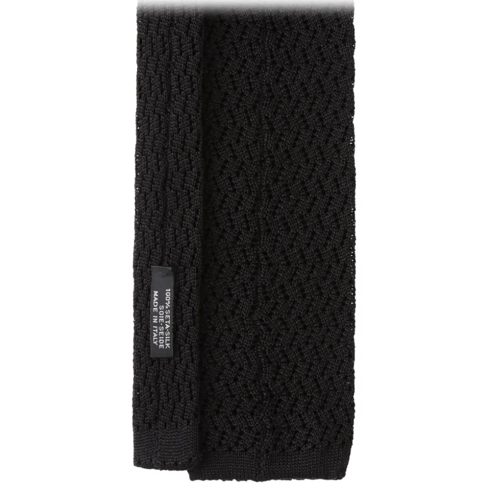 Viola Milano - Knitted Zig Zag Pattern Silk Tie - Black - Handmade in Italy - Luxury Exclusive Collection - Avvenice