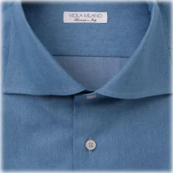 Viola Milano - Light Denim Super Roll Cut-Away Collar Dress Shirt - Denim - Handmade in Italy - Luxury Exclusive Collection - Avvenice