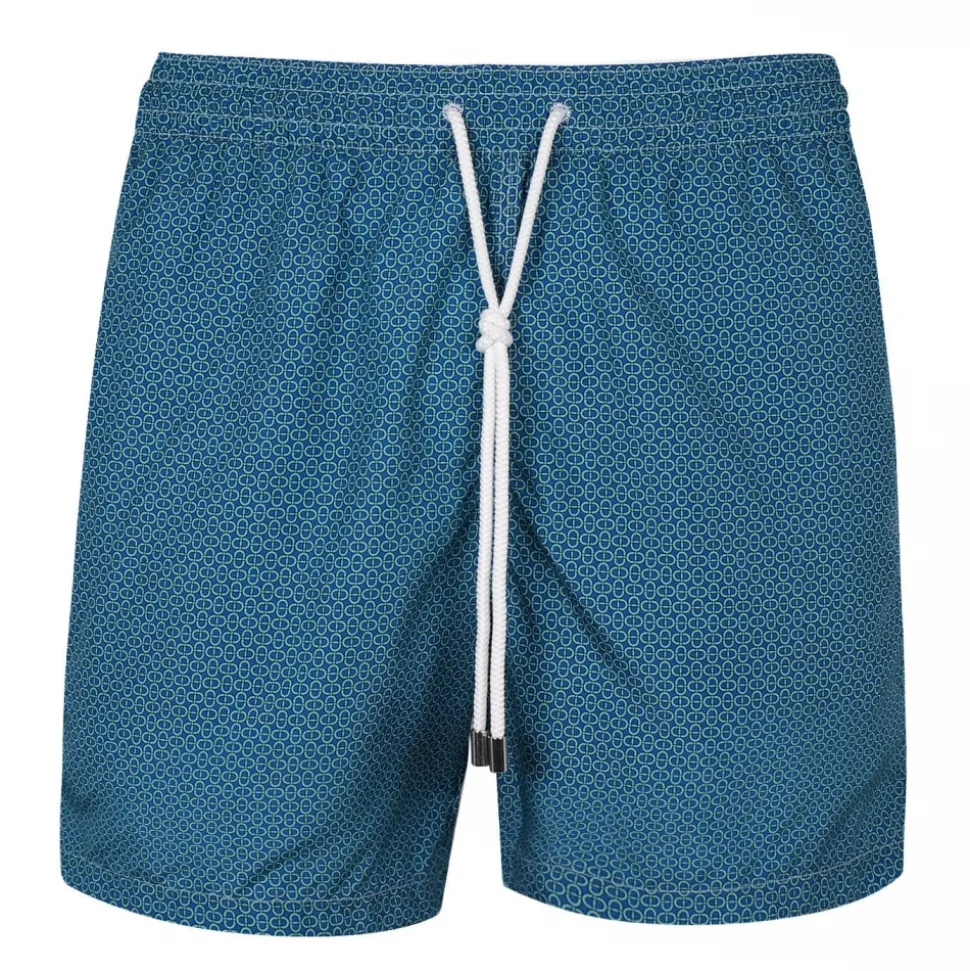 Viola Milano - Maillon Printed Swimtrunks - Navy and Turquoise - Handmade in Italy - Luxury Exclusive Collection - Avvenice