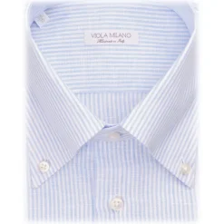 Viola Milano - Micro Stripe 100% Linen Button-Down Shirt - Turqouise Sea - Handmade in Italy - Luxury Exclusive Collection - Avvenice