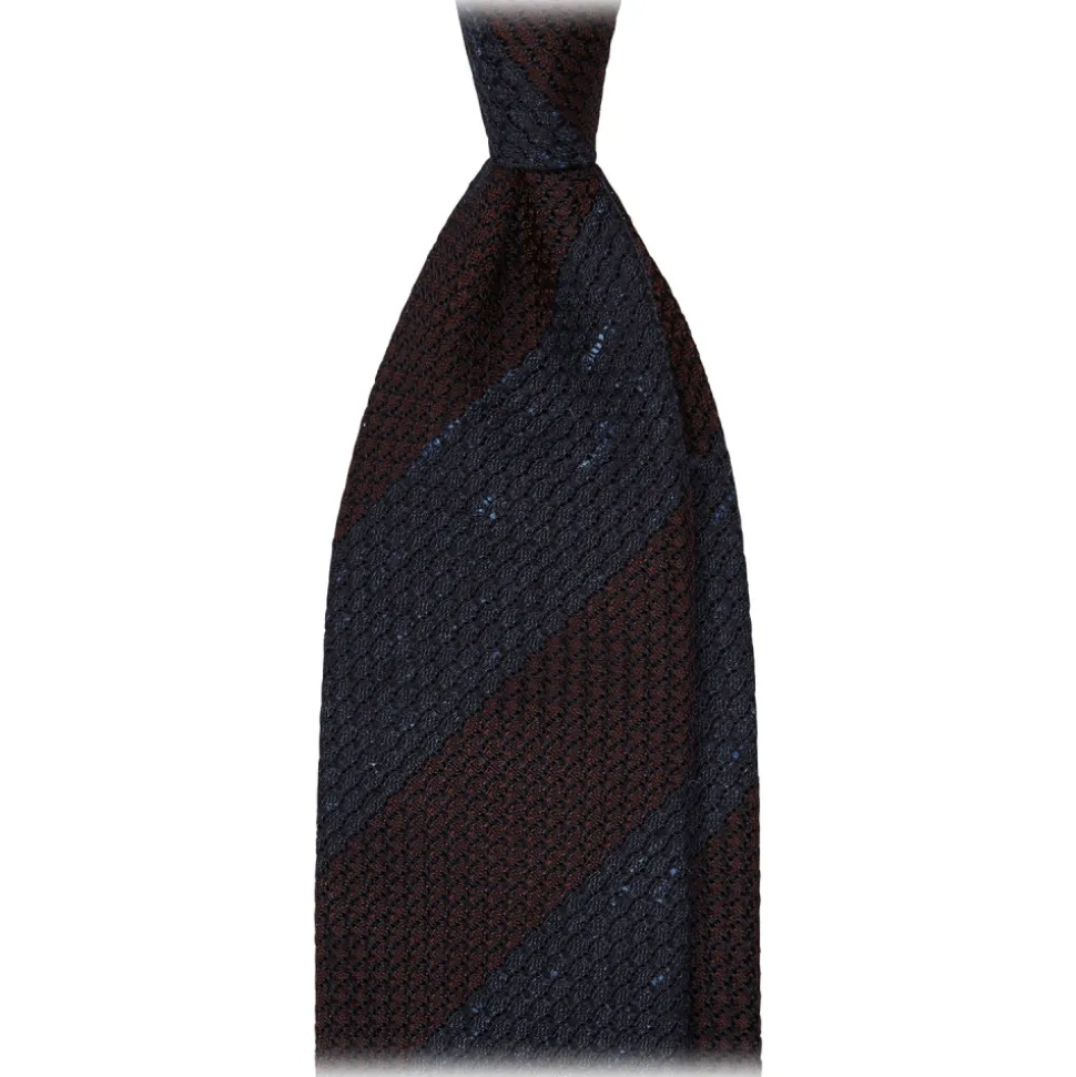 Viola Milano - Raw Block Stripe 3-Fold Grenadine Tie - Denim/Wine - Handmade in Italy - Luxury Exclusive Collection - Avvenice