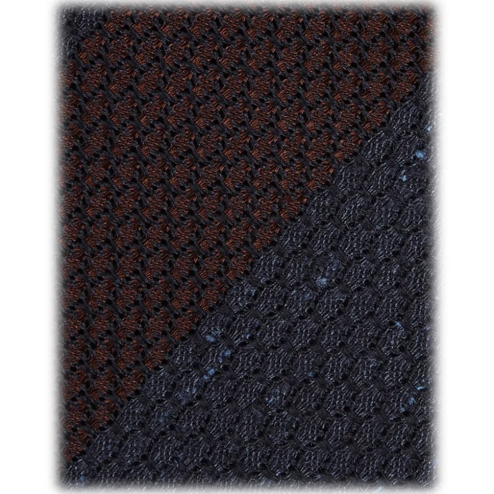 Viola Milano - Raw Block Stripe 3-Fold Grenadine Tie - Denim/Wine - Handmade in Italy - Luxury Exclusive Collection - Avvenice