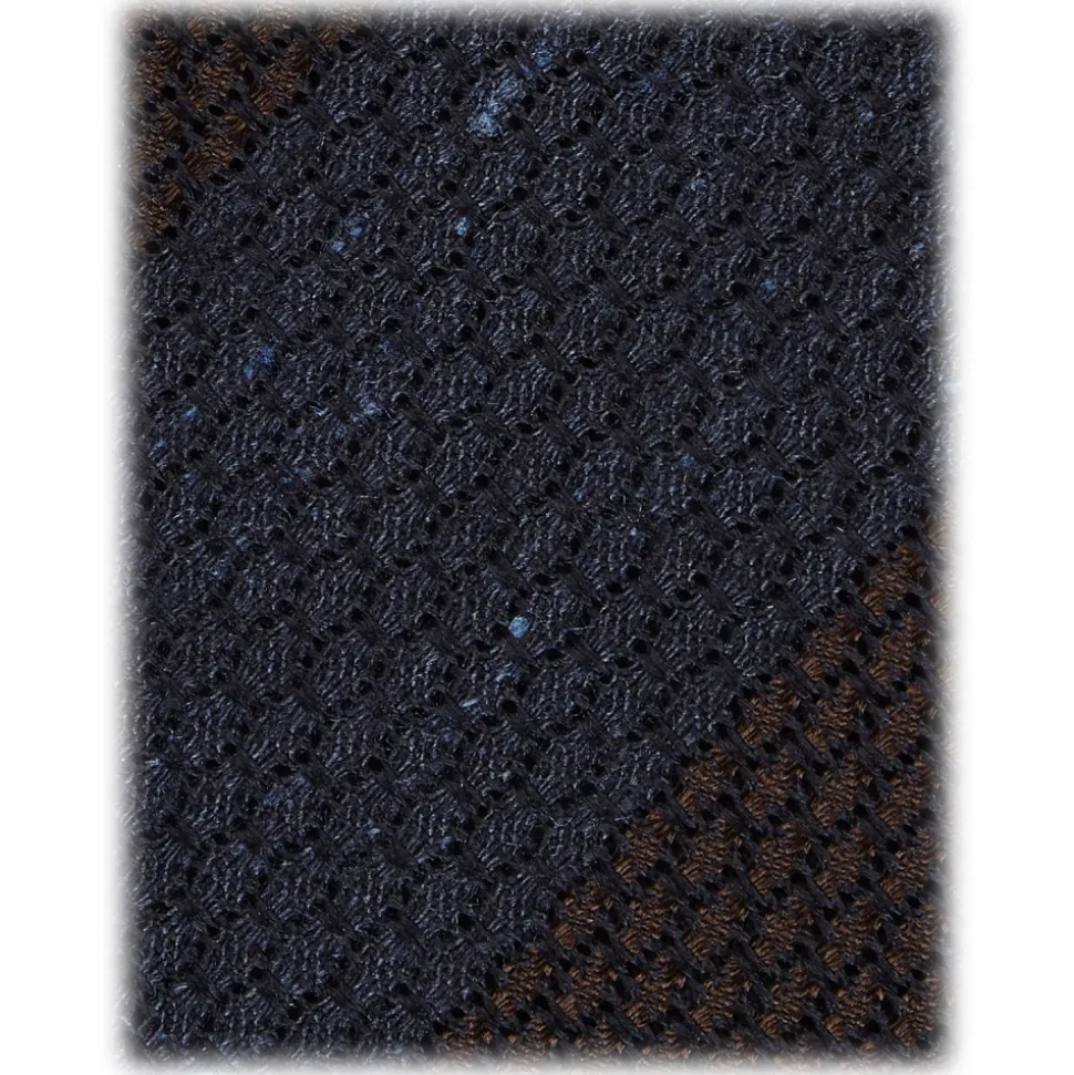 Viola Milano - Raw Block Stripe 3-Fold Grenadine Tie - Denim/Brown - Handmade in Italy - Luxury Exclusive Collection - Avvenice