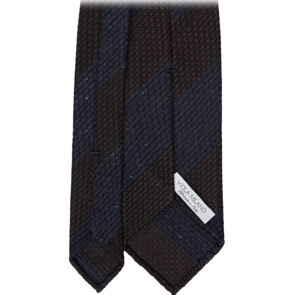 Viola Milano - Raw Block Stripe 3-Fold Grenadine Tie - Denim/Brown - Handmade in Italy - Luxury Exclusive Collection - Avvenice