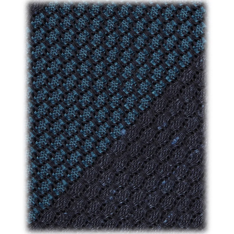 Viola Milano - Raw Block Stripe 3-Fold Grenadine Tie - Denim/Sea - Handmade in Italy - Luxury Exclusive Collection - Avvenice