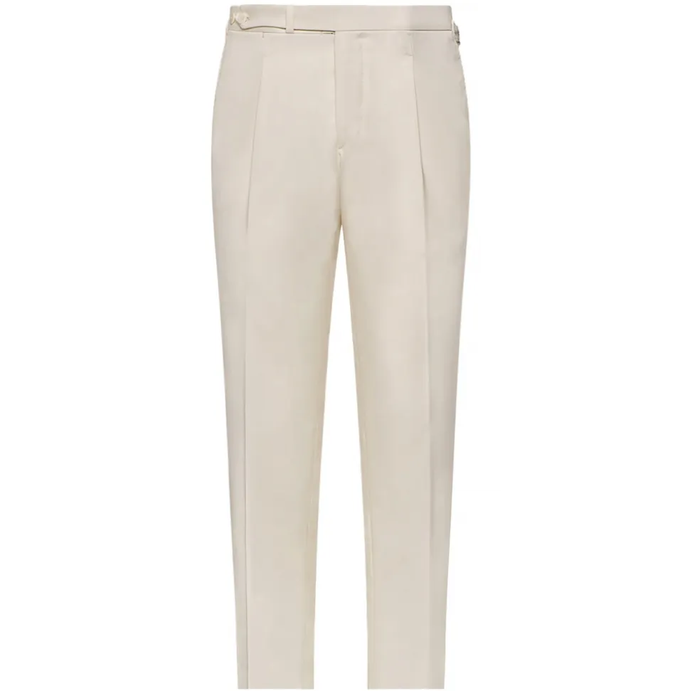 Viola Milano - Single Pleated Sartorial Cotton Pants Side Adjusters - Ivory - Handmade in Italy - Luxury Exclusive Collection - Avvenice
