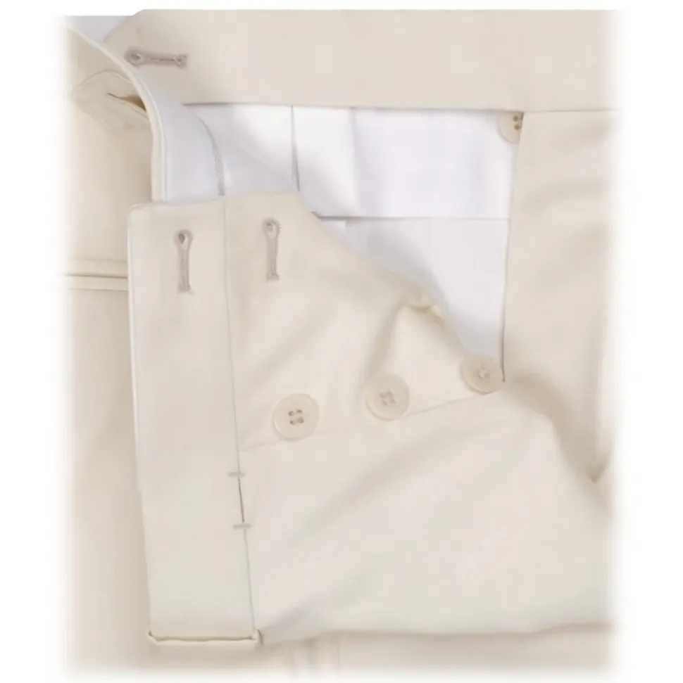 Viola Milano - Single Pleated Sartorial Cotton Pants Side Adjusters - Ivory - Handmade in Italy - Luxury Exclusive Collection - Avvenice