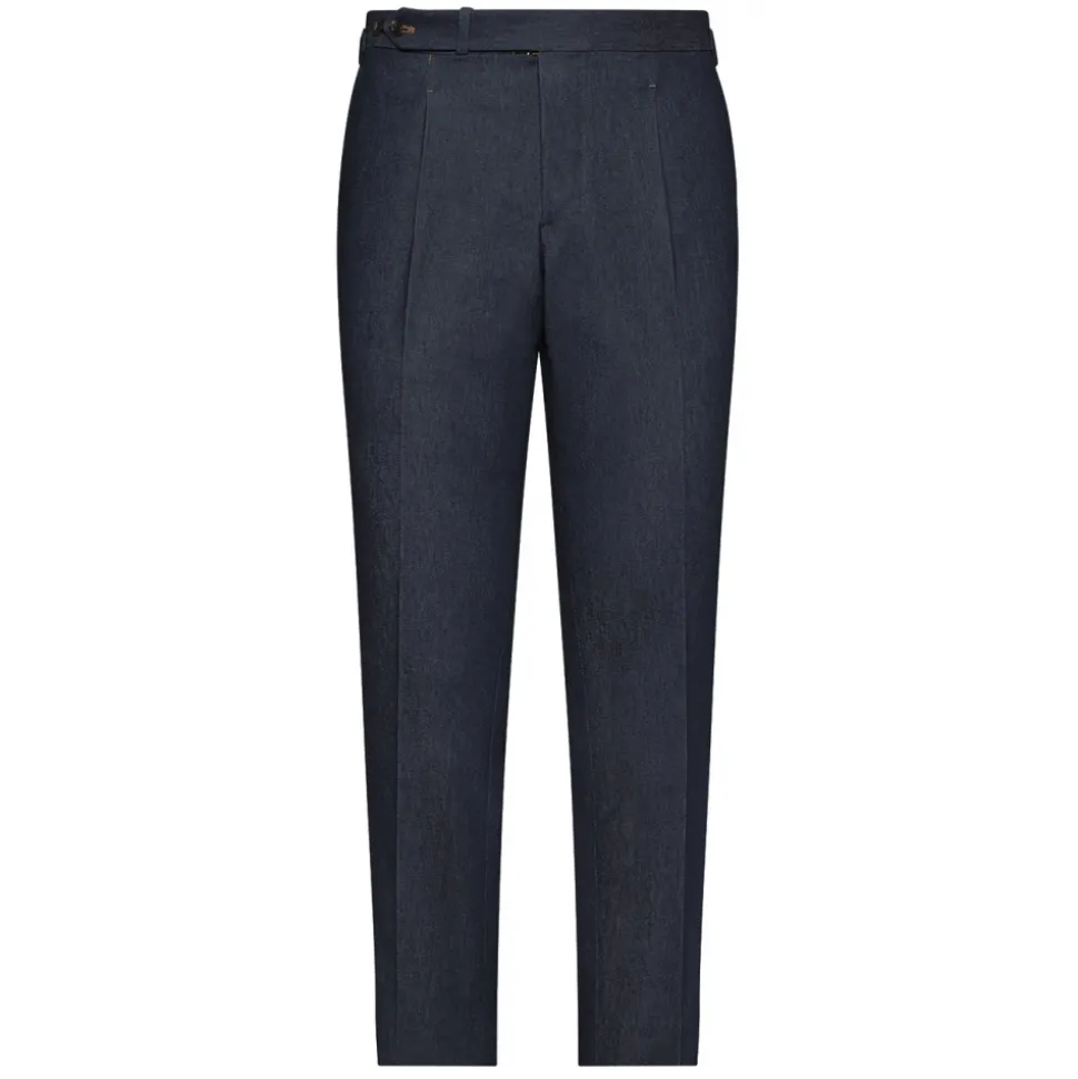 Viola Milano - Single Pleated Denim Pants with Side Adjusters - Classic - Handmade in Italy - Luxury Exclusive Collection - Avvenice
