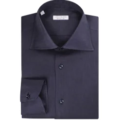 Viola Milano - Solid 100% Linen Cut-Away Collar Shirt - Navy - Handmade in Italy - Luxury Exclusive Collection - Avvenice