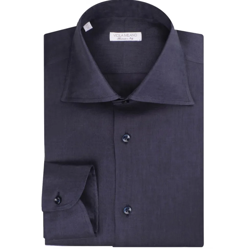 Viola Milano - Solid 100% Linen Cut-Away Collar Shirt - Navy - Handmade in Italy - Luxury Exclusive Collection - Avvenice