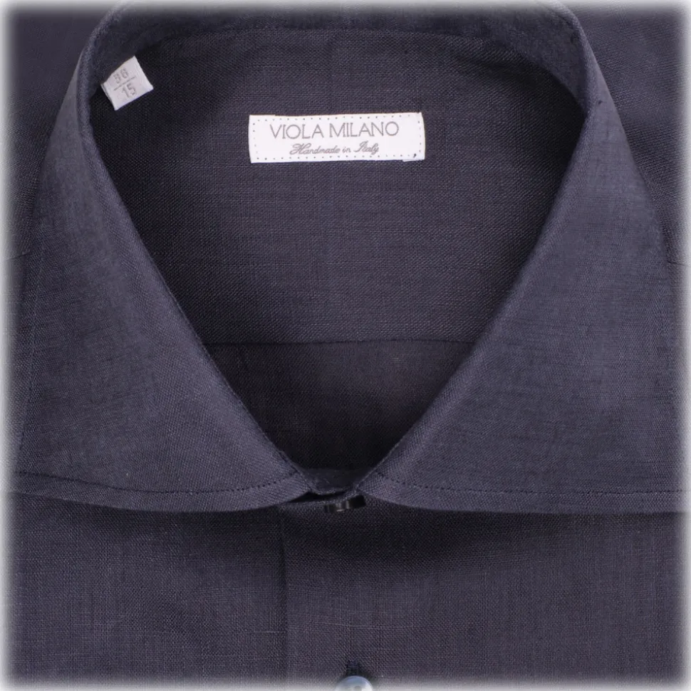 Viola Milano - Solid 100% Linen Cut-Away Collar Shirt - Navy - Handmade in Italy - Luxury Exclusive Collection - Avvenice