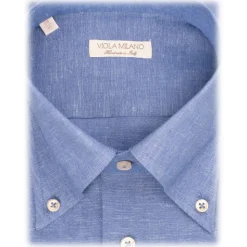 Viola Milano - Solid 100% Linen Button-Down Collar Shirt - Sea - Handmade in Italy - Luxury Exclusive Collection - Avvenice