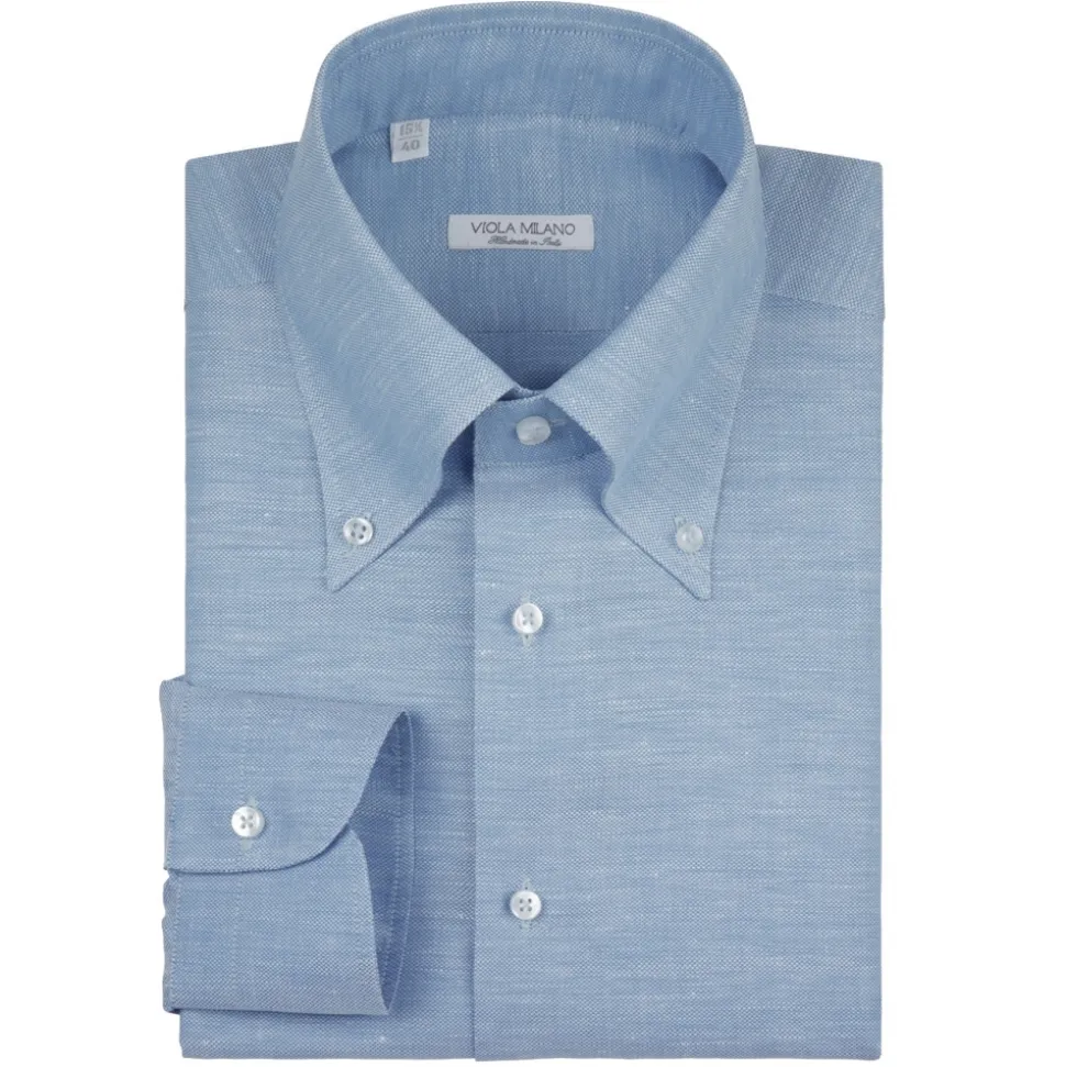 Viola Milano - Solid Carlo Riva Oxford/Linen Button-Down Shirt - Light Blue - Handmade in Italy - Luxury Exclusive Collection - Avvenice