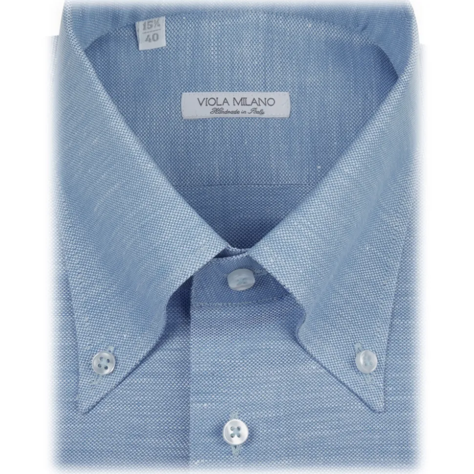 Viola Milano - Solid Carlo Riva Oxford/Linen Button-Down Shirt - Light Blue - Handmade in Italy - Luxury Exclusive Collection - Avvenice