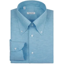 Viola Milano - Solid Carlo Riva Oxford/Linen Button-Down Shirt - Sea - Handmade in Italy - Luxury Exclusive Collection - Avvenice