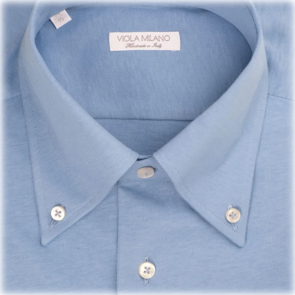 Viola Milano - Solid Cotton/Jersey Button-Down Collar Dress Shirt - Sea II - Handmade in Italy - Luxury Exclusive Collection - Avvenice