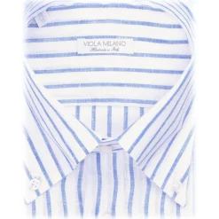 Viola Milano - Stripe 100% Linen Button-Down Collar Shirt - Blue/White - Handmade in Italy - Luxury Exclusive Collection - Avvenice