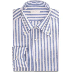 Viola Milano - Stripe 100% Linen Button-Down Collar Shirt - Sea/White - Handmade in Italy - Luxury Exclusive Collection - Avvenice