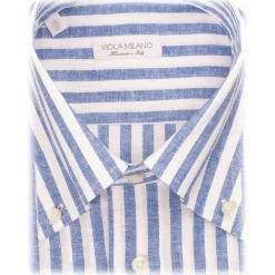 Viola Milano - Stripe 100% Linen Button-Down Collar Shirt - Sea/White - Handmade in Italy - Luxury Exclusive Collection - Avvenice