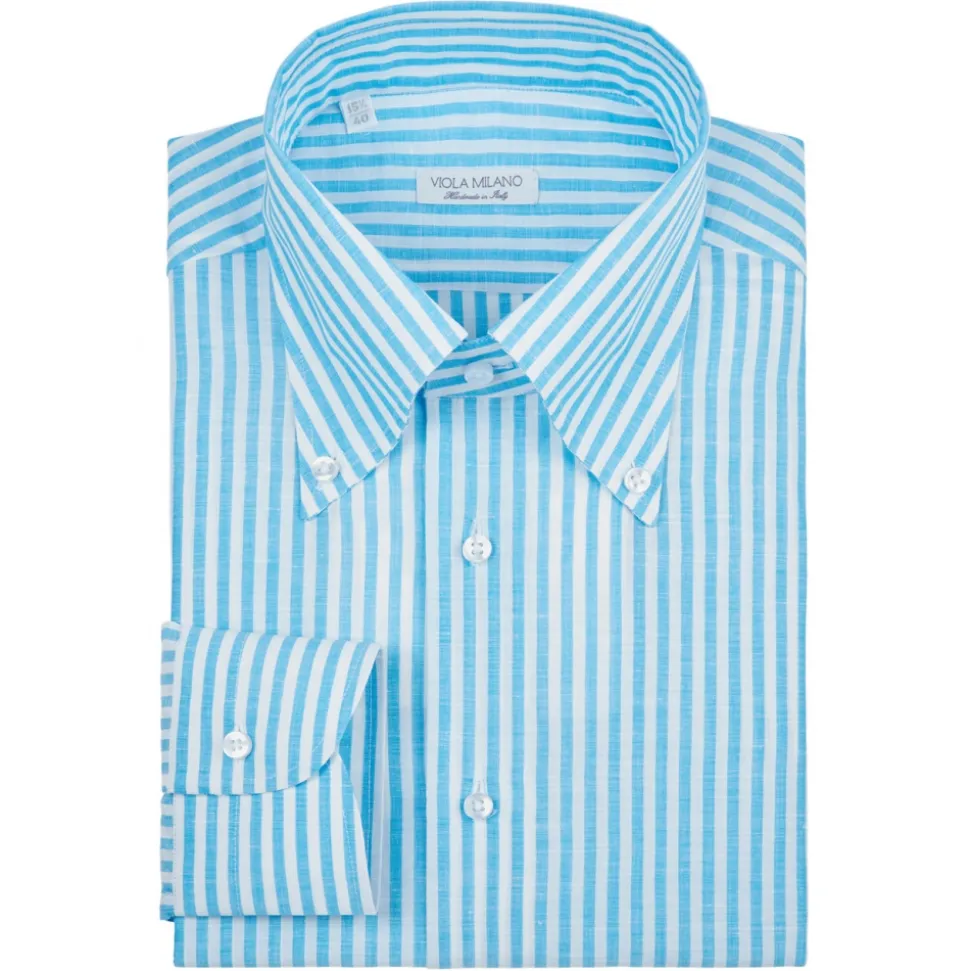 Viola Milano - Stripe Carlo Riva 100% Linen Button-Down Shirt - Turquoise - Handmade in Italy - Luxury Exclusive Collection - Avvenice