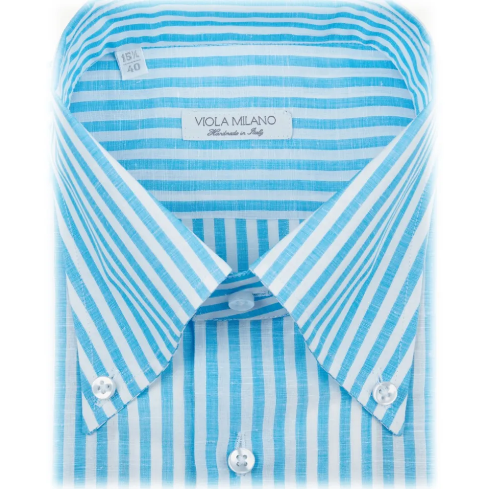 Viola Milano - Stripe Carlo Riva 100% Linen Button-Down Shirt - Turquoise - Handmade in Italy - Luxury Exclusive Collection - Avvenice