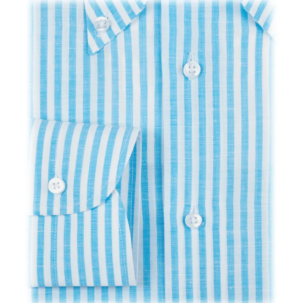Viola Milano - Stripe Carlo Riva 100% Linen Button-Down Shirt - Turquoise - Handmade in Italy - Luxury Exclusive Collection - Avvenice