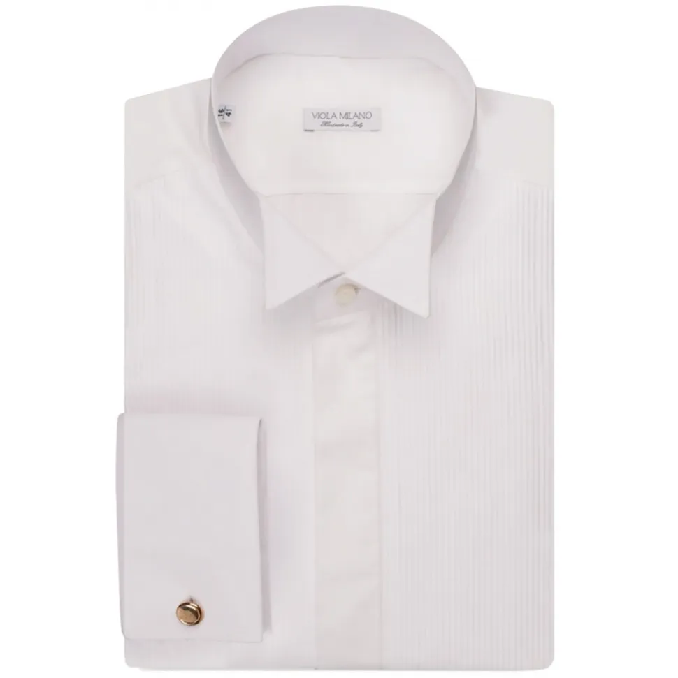 Viola Milano - White Cotton Dress Shirt With Wing Collar And Double Cuffs - Handmade in Italy - Luxury Exclusive Collection - Avvenice