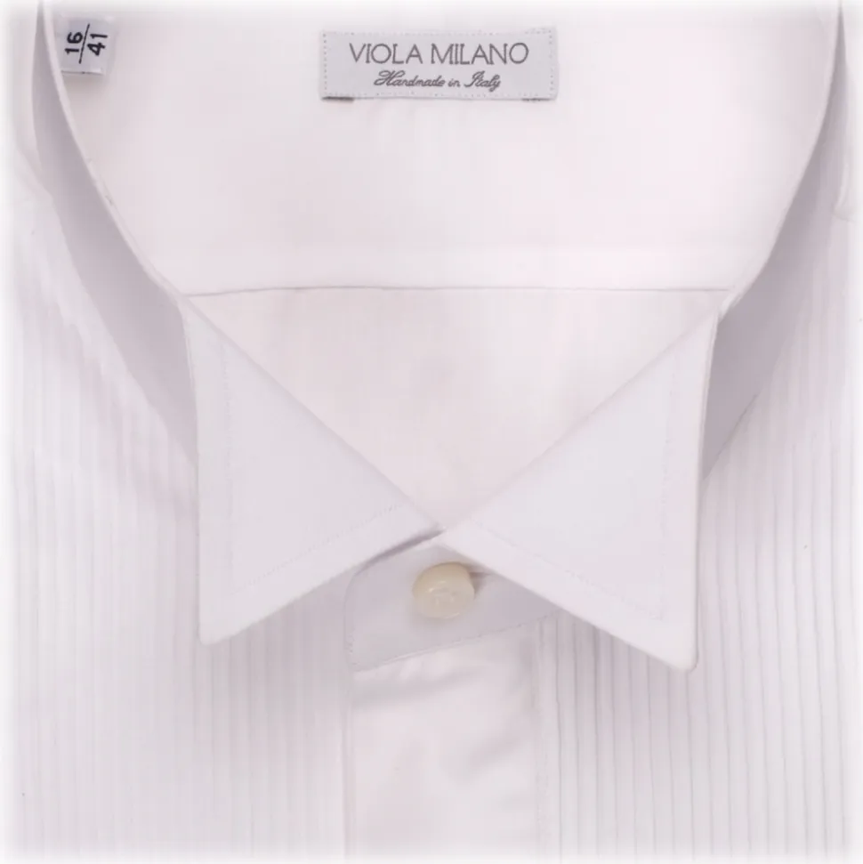 Viola Milano - White Cotton Dress Shirt With Wing Collar And Double Cuffs - Handmade in Italy - Luxury Exclusive Collection - Avvenice