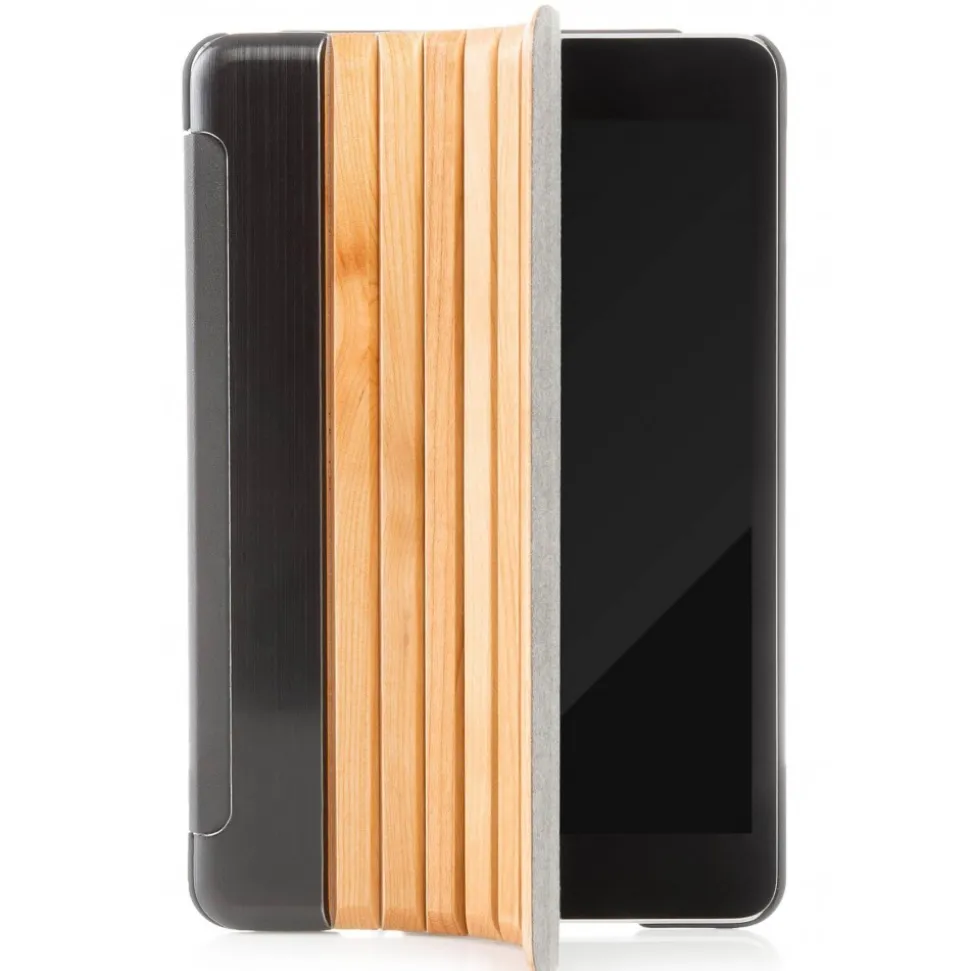 Woodcessories - Cherry / Silver Metal / Leather / Black Hardcover - iPad Mini 4 - Flip Case - Eco Guard Metal & Wood - Avvenice