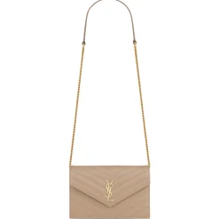 Yves Saint Laurent - Cassandre Envelope Chain Wallet in Grain De Poudre Leather - Dark Beige - Exclusive Collection - Avvenice