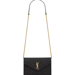 Yves Saint Laurent - Cassandre Envelope Chain Wallet in Grain De Poudre Leather - Black - Saint Laurent Exclusive Collection - Avvenice