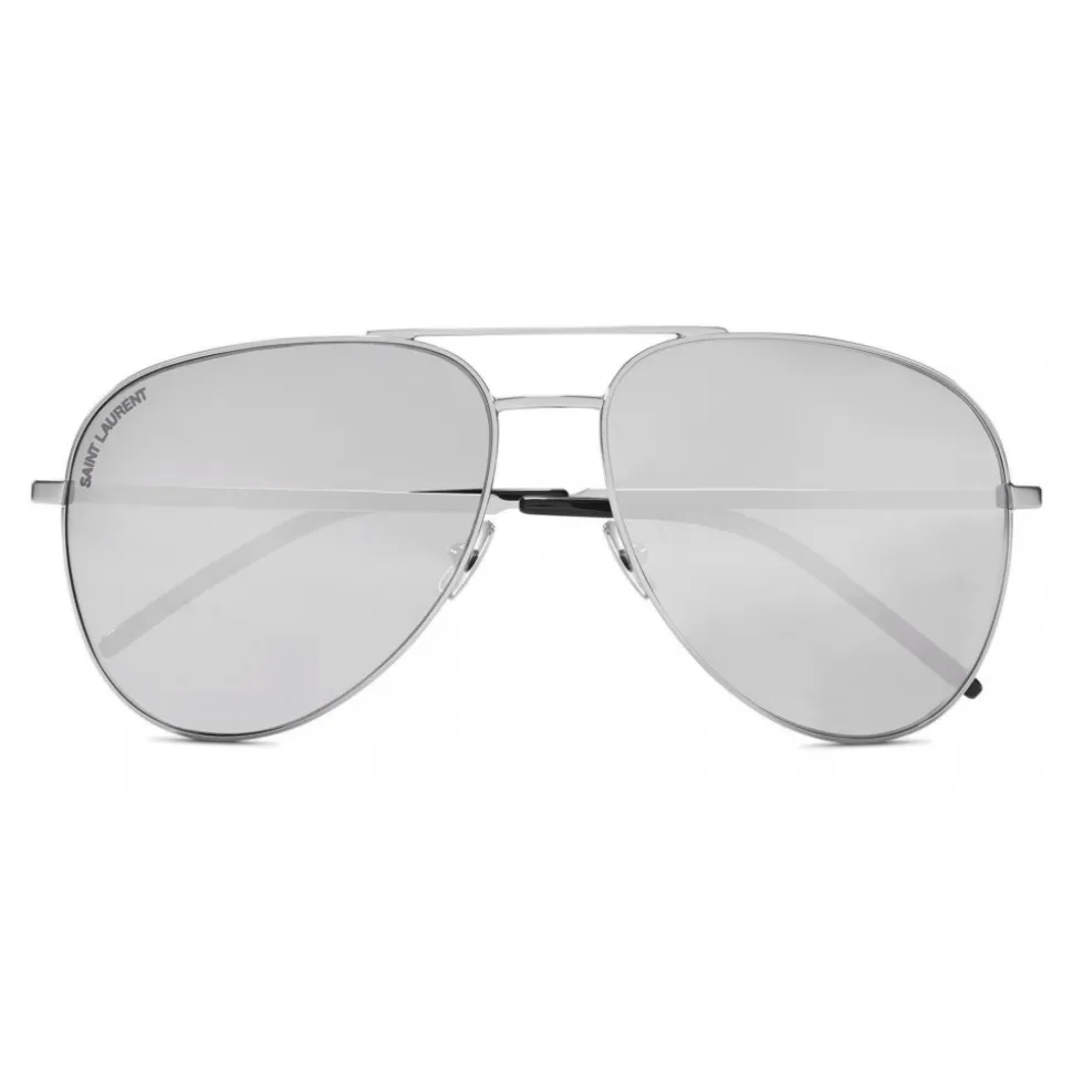 Yves Saint Laurent - Classic SL 11 Folk Aviator Sunglasses with Double Metal Bridge - Oxidized Silver - Saint Laurent Eyewear - Avvenice