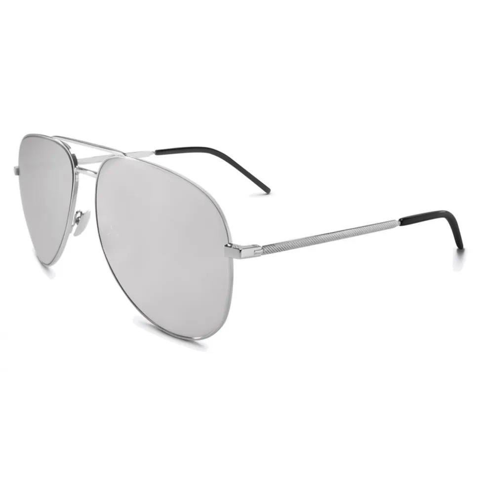 Yves Saint Laurent - Classic SL 11 Folk Aviator Sunglasses with Double Metal Bridge - Oxidized Silver - Saint Laurent Eyewear - Avvenice